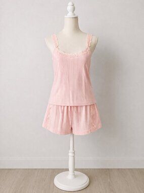 Y2K Pink Lace Sleep Set Silk & Satin 2-Piece Cami & Shorts Size L